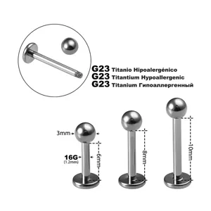G23 Titan Labret Stecker Detailansicht mit 16G Stärke, 3mm Kugel und Längen von 6 bis 10mm.