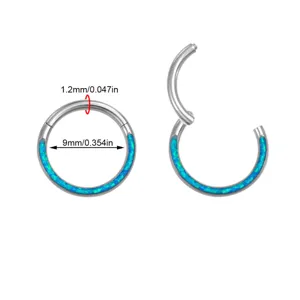Edelstahl Klappring mit blauem Opal Einlage, 1.2mm Stärke und 9mm Durchmesser für Piercing.