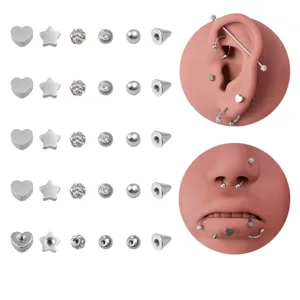Edelstahl Piercingschmuck Set mit Herz, Stern und Zirkonia Kugeln für Ohr und Nase.