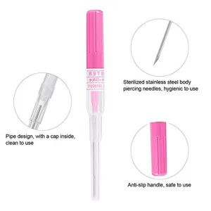 Piercing needle with guide tube and pink protective cap, sterile stainless steel body for safe use.