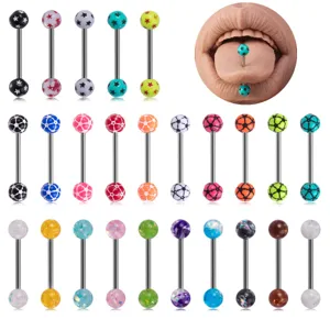 Edelstahl Zungenpiercing Ringe Stern Fußball Acryl Faux Opal Pailletten Zungenstecker 14G Körperschmuck Für Unisex Party