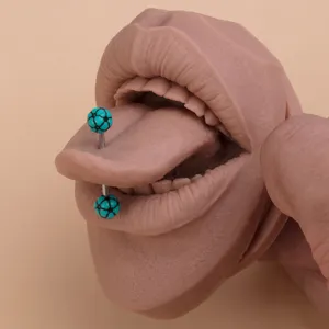 Edelstahl Zungenpiercing Barbell mit blauen Gitter Muster Kugeln für Körperschmuck und Lippe.