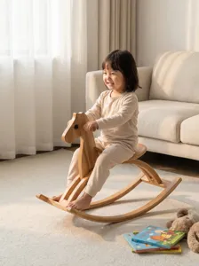 Wooden rocking horse toy for toddlers in a cozy living room scene, solid wood craftsmanship.