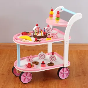 Wooden ice cream cake toy cart playset for kids, pretend kitchen shopping trolley with dessert.