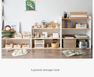 Detailed view of wooden layered storage rack scene with toys and books in children room.
