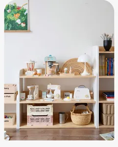 Wooden toy storage shelf detail view in children room, natural wood finish, multi-tier rack.