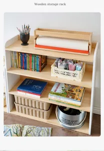 Wooden storage rack for kids room, multi-tier bookshelf and toy organizer for tidy home decor.