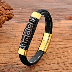 Vintage Stainless Steel Rhinestone Nine Eyed Dzi Bead Double Layer Bracelet For Men Retro Magnetic Clasp Wristband