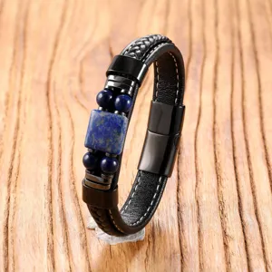 Men's braided leather bracelet with blue stone beads and stainless steel magnetic clasp.