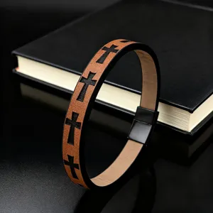Vintage leather cross bracelet for men stainless steel magnetic clasp punk jewelry