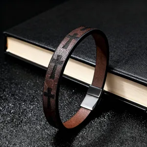 Retro brown leather cross bracelet for men featuring stainless steel magnetic clasp detail.