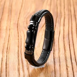 Close-up view of the black braided leather bracelet featuring metal bamboo beads and magnetic clasp.