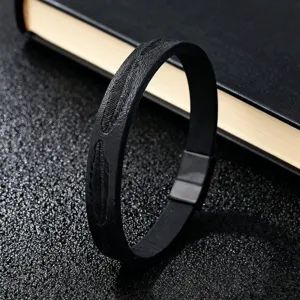 Bracciale in pelle nera goffrata con piume rétro da uomo con chiusura magnetica in acciaio.