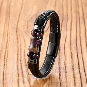 Men vintage braided leather bracelet with stainless steel magnetic clasp and crystal stone beads.