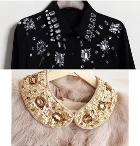 Close up of exquisite rhinestone and sequin embellished clothing collars, detailed accessories.