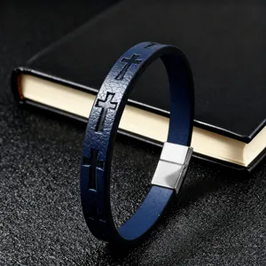 Blue leather cross bracelet for men with stainless steel magnetic clasp vintage wrist jewelry detail