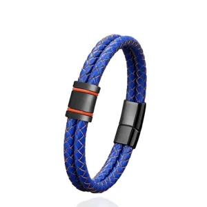 Bracciale da uomo in pelle intrecciata blu con chiusura magnetica in acciaio inossidabile