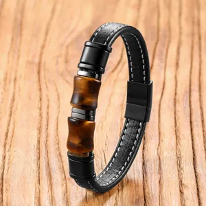 Detail shot of the vintage leather and stone bamboo bead bracelet with stainless steel clasp.