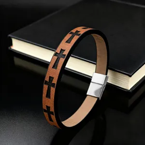Vintage Stainless Steel Cross Leather Rope Bracelet For Men Women Personalized Punk Magnetic Clasp Hand Chain Jewelry Gift