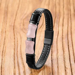 Retro Natural Pink Crystal Bamboo Joint Beaded Leather Rope Bracelet For Men Women Stainless Steel Magnetic Clasp Fashion Jewelry