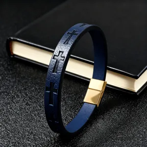 Men retro blue leather cross bracelet with gold stainless steel magnetic clasp detail.