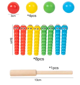 Wooden magnetic worm catching game toy details showing colorful balls, worms, and stick parts.