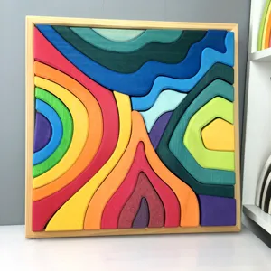 Wooden puzzle detail showing colorful interlocking curved shapes inside a square natural frame.