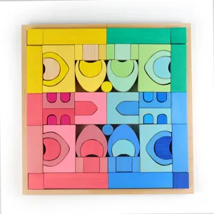 Wooden rainbow building blocks set with colorful geometric pieces in a wooden tray toy