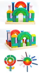 Wooden rainbow block detail shot showing colorful arches and geometric shapes for creative play.