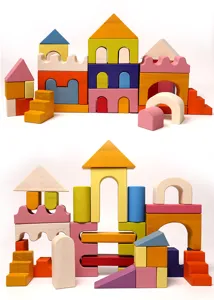 Wooden castle building blocks set, colorful geometric shapes educational toy for kids.