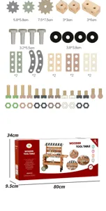 Wooden simulation tool table toy set with mini hammer, wrench, screws and nuts for kids.