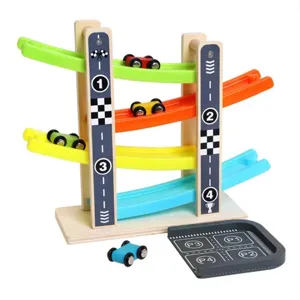 Wooden ramp race track toy for kids, multi-level sliding car set with small mini cars and parking lot.