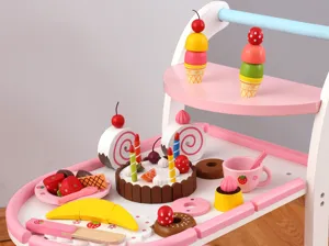 Wooden ice cream cake cart toy set with kitchen pretend play accessories for girls kids.