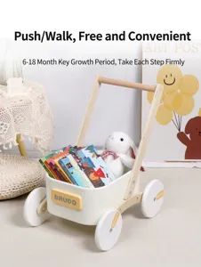 Wooden baby walker detail shot showing the sturdy push cart structure, smooth wheels, and storage.