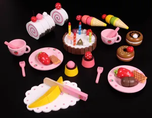 Wooden kitchen pretend play cake and dessert toy set details with colorful fruit parts.
