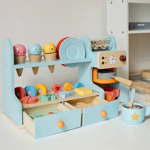 Wooden ice cream coffee machine pretend play toy set for kids kitchen games with colorful accessories