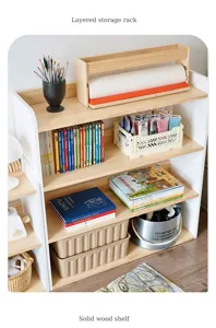 Wooden storage rack detail view, multi-layer shelf design for children room book and toy storage.