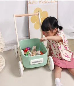 Wooden baby walker toy for toddlers, early education puzzle shopping cart with blocks details view.