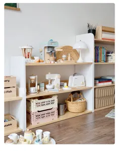 Wooden book shelf and toy storage rack for kids room, minimalist kindergarten display stand.