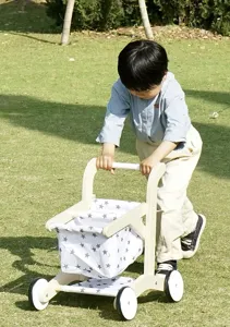 Detailed scene of child pushing wooden toy shopping cart with star pattern basket outdoors.