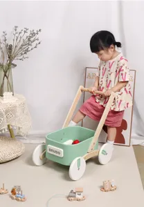 Wooden toddler baby walker pull cart, early education and interactive toy for kids play.