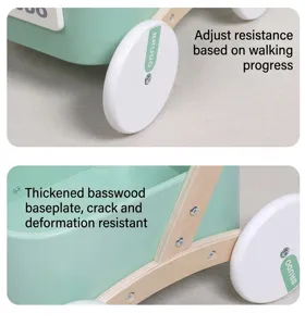 Wooden baby walker detail, featuring adjustable resistance wheels and thick birch base.