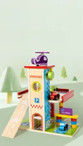 Wooden parking garage toy for kids, 3-layer car track playset with cars and helicopter.