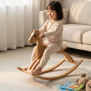 Kids Wooden Rocking Horse Toy Solid Rubber Wood Curved Rocking Horse Infant Toddler Birthday Gift Safe Smooth Ride On Toy