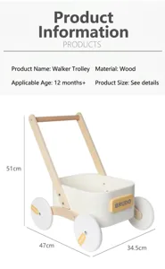 Wooden baby walker push toy for toddlers aged 12 months plus with smooth wheels and storage basket.