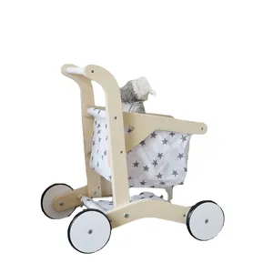 Wooden baby doll stroller toy shopping cart walker with grey star pattern basket for kids