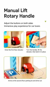 Kids wooden parking garage toy set with elevator crank and cars for interactive play.