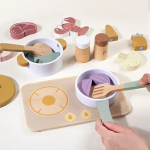 Wooden pretend play kitchen toy set for kids, wooden cooking stove and cutting food accessories.