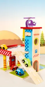Wooden toy parking garage detail view featuring multilevel sliding tracks and colorful toy cars.