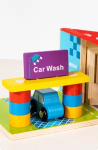 Wooden kids car wash toy pretend play parking lot vehicle track set for early learning